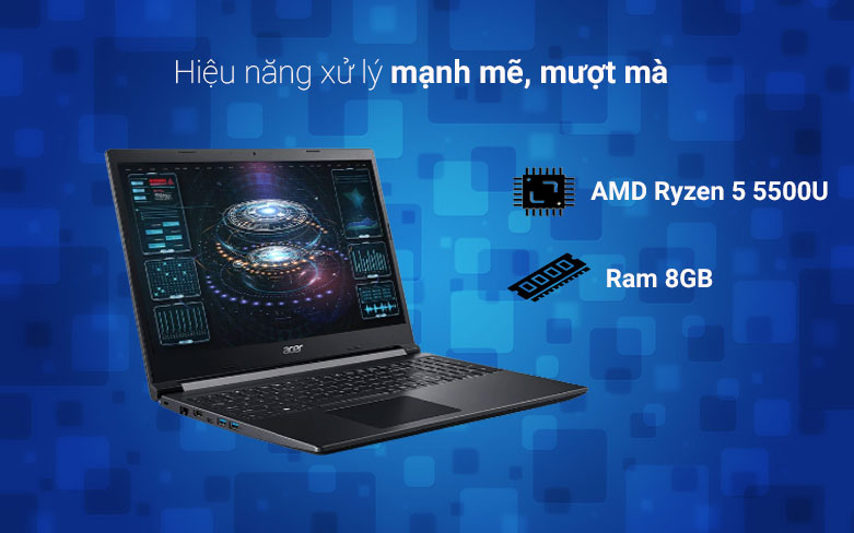 Sở hữu bộ vi xử lý AMD Ryzen 5 5500U, ram 8GB, khả năng lưu trữ 256GB SSD M.2 NVMe 