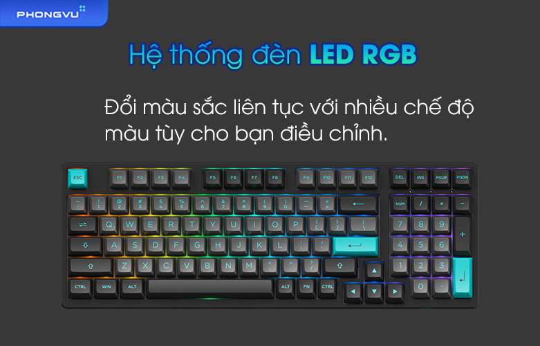 Bàn phím cơ AKKO 3098B Multi-modes Black & Cyan | Hệ thống đèn LED RGB