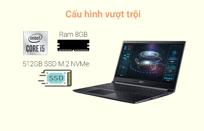 Máy tính xách tay/ Laptop Acer Aspire 7 A715-75G-58U4 (NH.Q97SV.004) (i5-10300H) (Đen) | Bộ xử lý Intel Core i5-10300H, ram 8GB, khả năng lưu trữ 512GB SSD M.2 NVMe