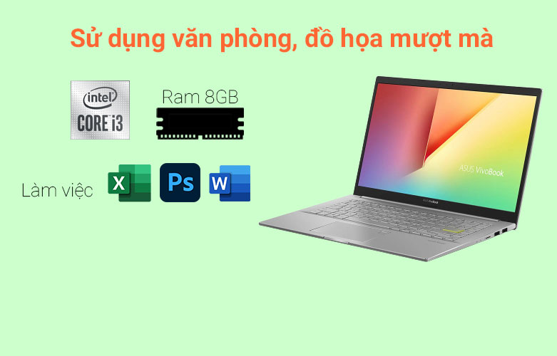 Máy tính xách tay/ Laptop Asus A415EA-EB1750W (i3-1125G4) (Bạc) | Cấu hình mạnh mẽ với chip Intel Core i3-1125G4, RAM 8GB