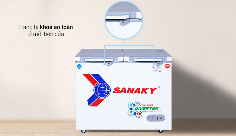 TỦ ĐÔNG MÁT SANAKY INVERTER 220 LÍT VH-2899W4K ĐỒNG | Trang bị khóa an toàn ở mỗi bên cửa