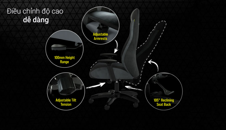Ghế gaming Corsair TC60 Fabric Grey | Điều chỉnh độ cao dễ dàng