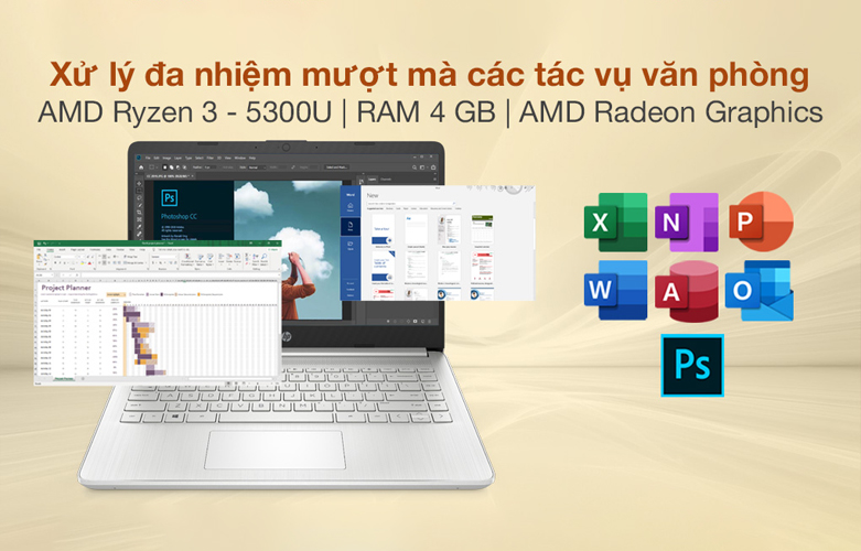 Máy tính xách tay/ Laptop HP 14s-fq1080AU (4K0Z7PA) (AMD Ryzen 3 5300U) (Bạc) | Xử lý đa nhiệm mượt mà