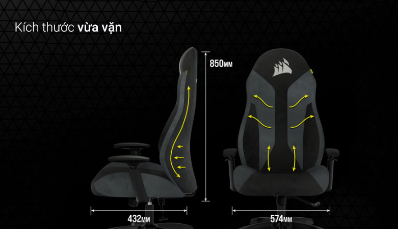 Ghế gaming Corsair TC60 Fabric Grey | Kích thước vừa vặn