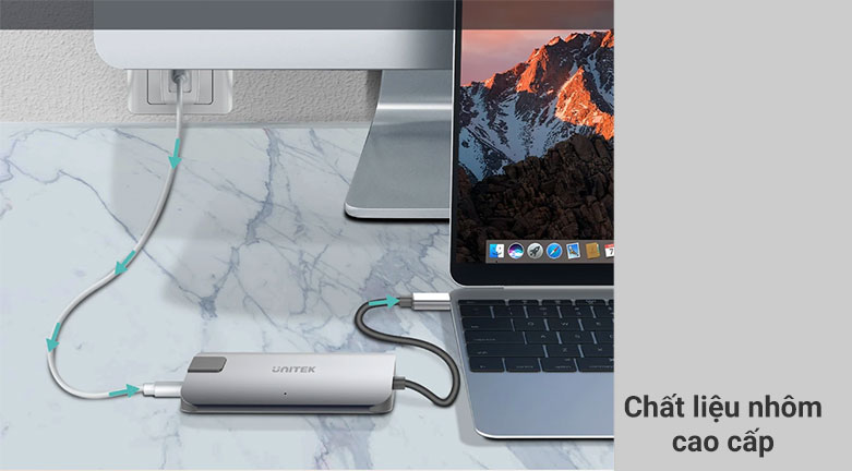 Bộ chia/ Hub Type-C -> HDMI +VGA+LAN Unitek Y-DK 09016 GY | Chất liệu nhôm cao cấp