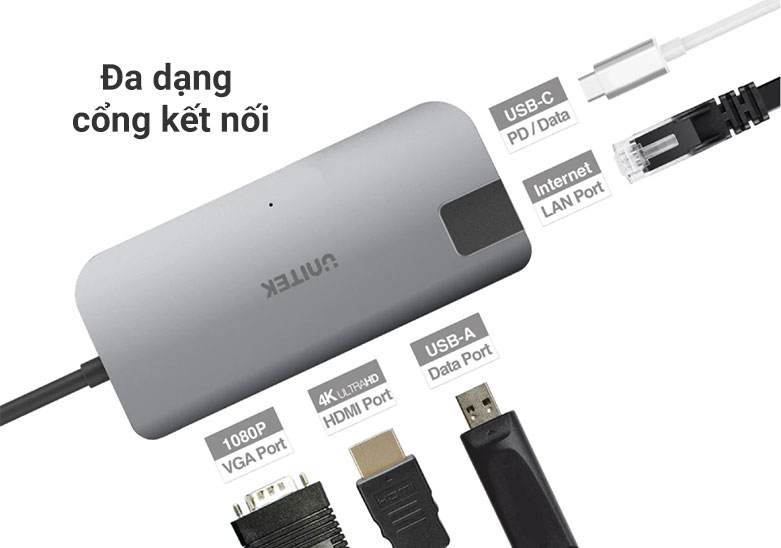 Bộ chia/ Hub Type-C -> HDMI +VGA+LAN Unitek Y-DK 09016 GY | Đa dạng cổng kết nối