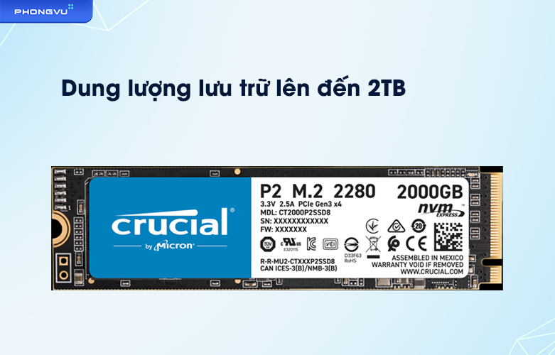 Ổ cứng SSD Crucial P2  2TB  3D NAND NVMe PCIe M.2 | Dung lượng lưu trữ khủng
