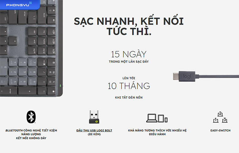 Bàn phím không dây Logitech MX Mechanical | Sạc kết nối