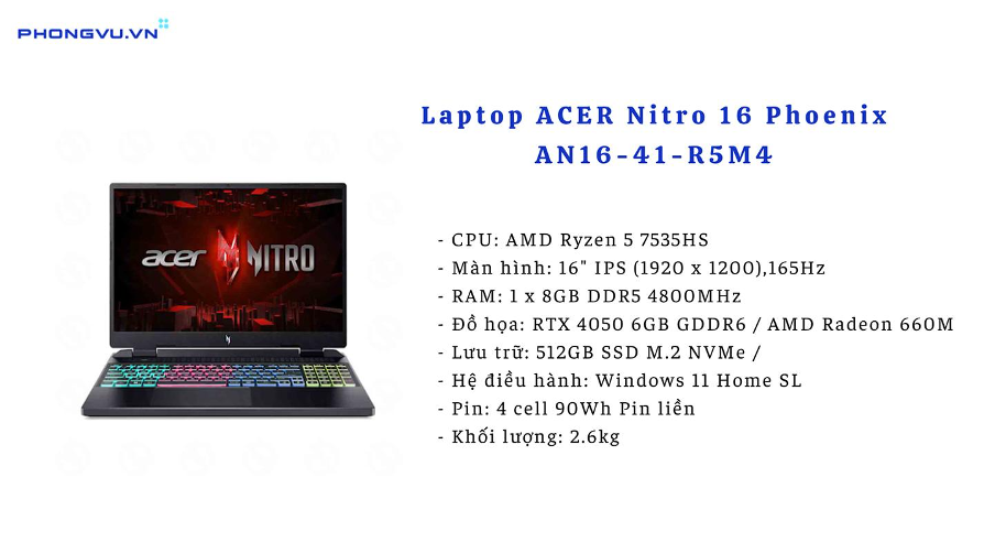 Laptop ACER Nitro 16 Phoenix AN16-41-R5M4