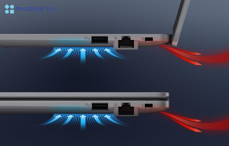 Thiết kế tản nhiệt của máy tính xách tay ASUS ExpertBook P1 P1503CVA-I7SE16-63WS giúp điều hướng nhiệt về phía sau của thiết bị, ngăn không cho không khí nóng ảnh hưởng đến tay bạn khi sử dụng chuột
