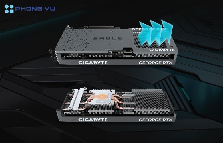 Thiết kế thông minh của quạt tản nhiệt giúp Card màn hình GIGABYTE GeForce RTX 4060 Ti EAGLE 8GB GDDR6 tối ưu hóa luồng khí nóng bên trong, ổn định hiệu suất