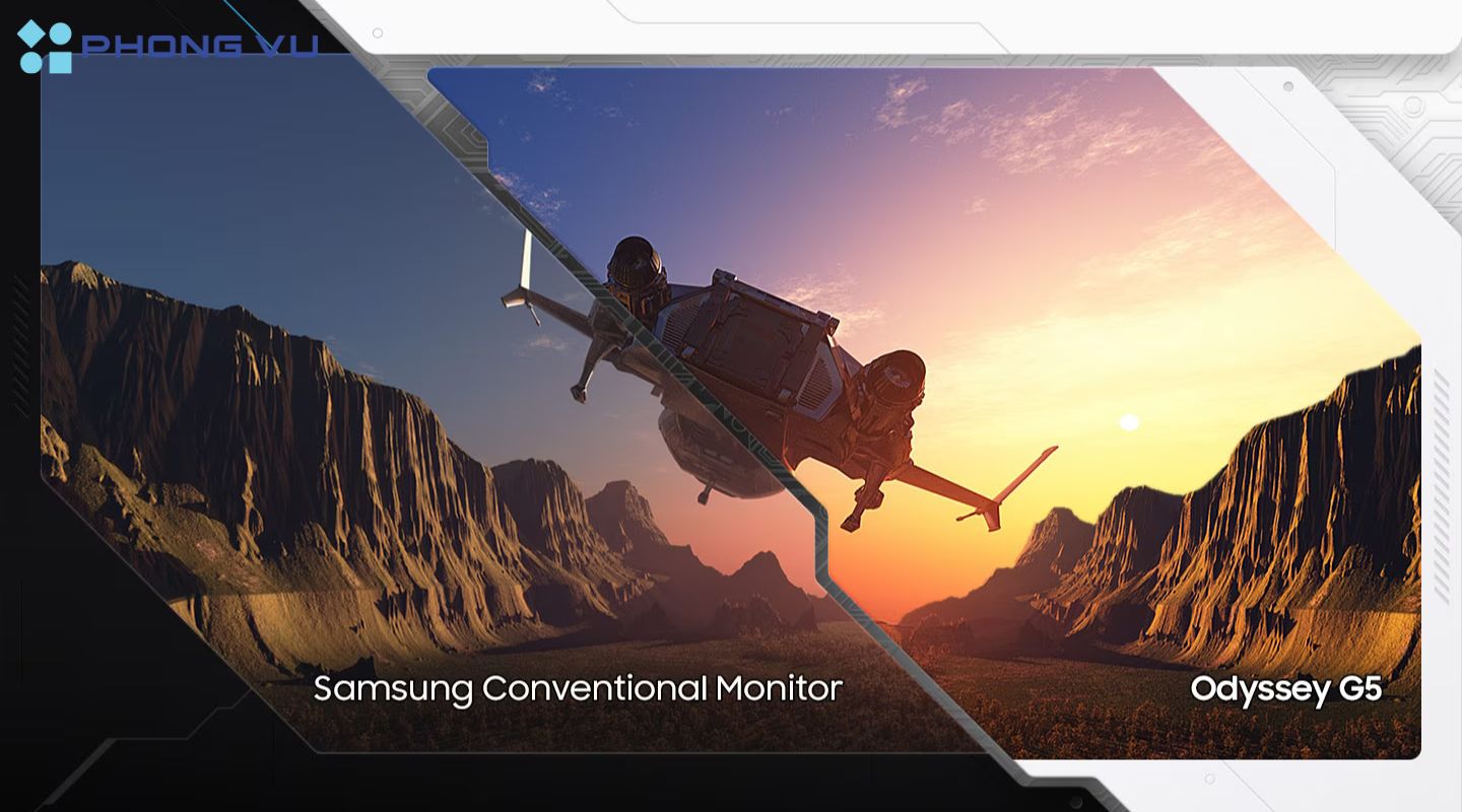 với khả năng hiển thị 16.7 triệu màu, màn hình SAMSUNG Odyssey G5 27inch mang đến hình ảnh chân thực và sống động, giúp bạn tận hưởng trọn vẹn thế giới game