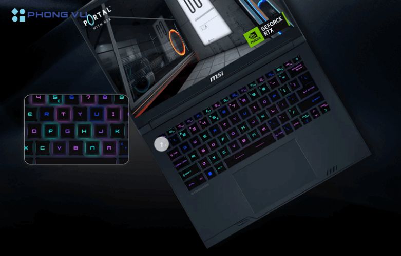 Bàn phím RGB trên MSI Stealth 14 AI Studio A1VFG-085VN mang lại cảm giác thoải mái, chính xác