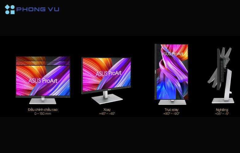 Chân đế đi kèm theo Màn hình LCD ASUS 27" ProArt PA278CGV có thể dùng người dùng hiệu chỉnh màn hình theo chiều ngang hoặc dọc tùy ý
