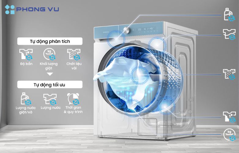 Với bảng điều khiển AI thông minh, máy giặt sấy Samsung Bespoke AI Inverter WD12BB944DGHSV không chỉ mang lại hiệu quả giặt giũ tối ưu mà còn giúp bạn tiết kiệm thời gian và năng lượng