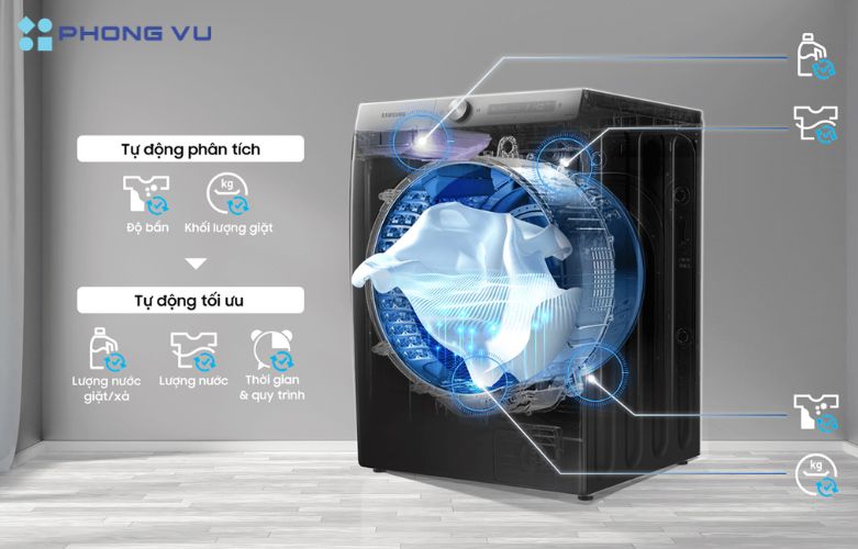 AI Wash còn giúp tối ưu hóa lượng nước xả, nước giặt và thời gian giặt, giúp tiết kiệm điện năng và nước