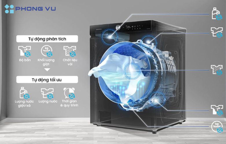 Máy giặt Samsung Bespoke AI Inverter 24 kg WF24B9600KV/SV còn sở hữu bảng điều khiển thông minh AI control giúp người dùng giặt giũ áo quần hiệu quả hơn