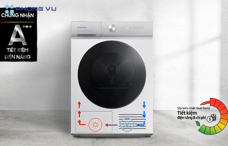 Máy sấy bơm nhiệt Samsung Bespoke AI 9 kg DV90BB9440GH/SV được trang bị máy nén Inverter, giúp tối ưu hóa hiệu suất hoạt động và giảm tiếng ồn