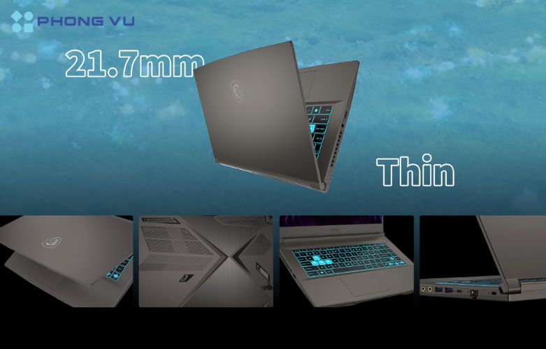 Thiết kế của MSI Thin 15 B12UC-1416VN với vỏ nhôm kim loại giúp tản nhiệt hiệu quả, giảm nhẹ trọng lượng và tăng độ bền cho laptop