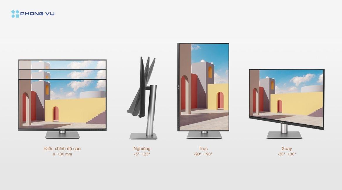 Đế màn hình Asus ProArt linh hoạt, điều chỉnh đa hướng giúp tối ưu không gian và thao tác tiện lợi