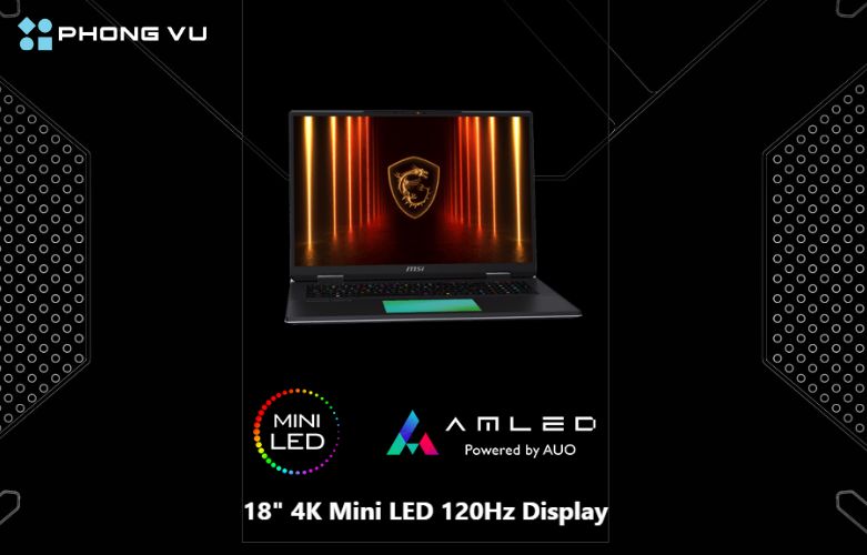 MSI Titan 18 HX AI A2XWJG được trang bị màn hình Mini LED 18 inch, độ phân giải 4K (3840x2400), tần số quét 120Hz, và đạt chuẩn màu 100% DCI-P3