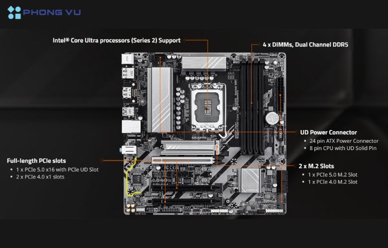 Hỗ trợ bộ nhớ DDR5 tối đa 256GB, tốc độ 9066 MT/s, các cổng kết nối HDMI 2.1, DisplayPort 2.1, và khả năng mở rộng với PCIe 5.0 x16, M.2 PCIe 5.0 x4, SATA 6Gb/s