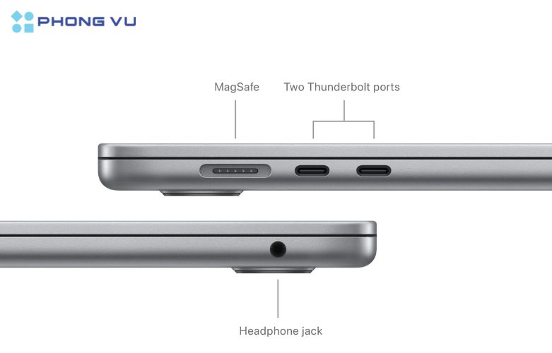 Apple MacBook Air M3 13.6" (16GB/512GB SSD) trang bị các cổng kết nối hiện đại, đảm bảo tương thích tốt với các thiết bị ngoại vi của người dùng