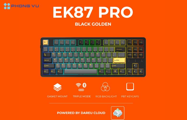 Thiết kế DareU EK87 Pro Triple Mode Black-Golden nhỏ gọn sang trọng với chất liệu ABS bền bỉ và keycaps PBT cao cấp