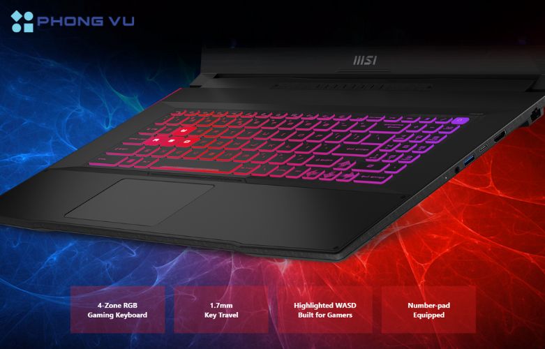Với sự kết hợp giữa bàn phím RGB, Number-pad và touchpad nhạy bén, Laptop MSI Katana 15 B13UDXK-2269VN_16G mang đến trải nghiệm nhập liệu và điều khiển tối ưu cho người dùng