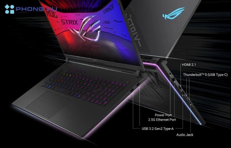 Nhờ sự kết hợp giữa kết nối không dây tiên tiến và cổng vật lý đa dạng, Asus ROG Strix SCAR 18 đảm bảo khả năng mở rộng linh hoạt, phù hợp cho cả game thủ và người dùng chuyên nghiệp