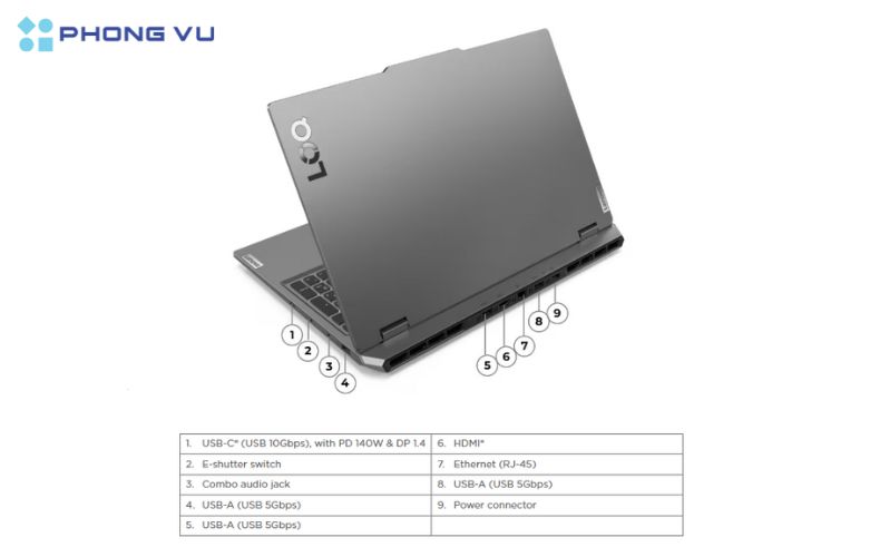 Laptop Lenovo LOQ 15ARP9 - 83JC00HXVN có đa dạng các kết nối, giúp người dùng có thể kết nối thêm nhiều thiết bị ngoại vi phù hợp