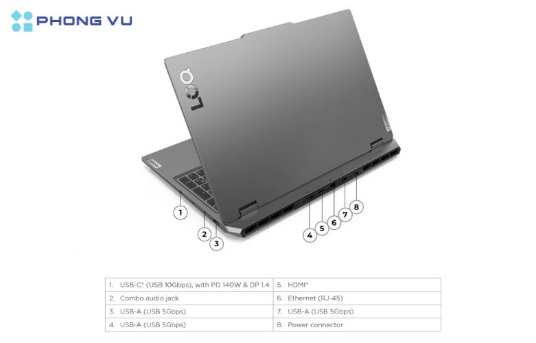 Hệ thống các kết nối trên Laptop Lenovo LOQ 15IRX9 - 83DV012LVN phong phú, giúp người dùng thoải mái trong việc kết nối máy với các thiết bị ngoại vi khác