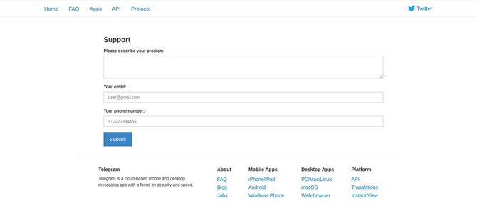 Веб-страница службы поддержки Телеграм