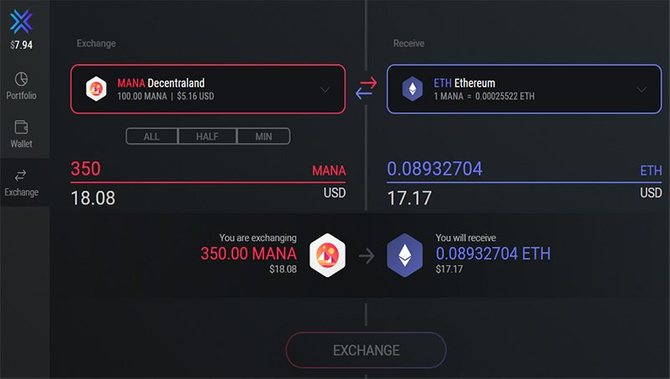 Обмен криптовалют в кошельке Exodus