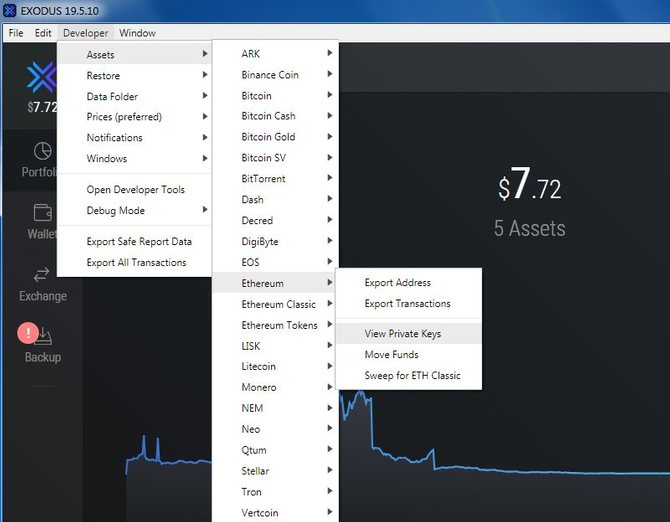 Извлечение приватных ключей через Меню разработчика Exodus
