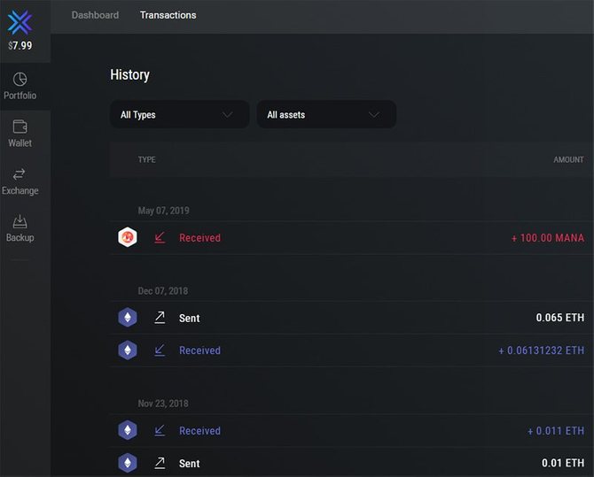 История транзакций в кошельке Exodus