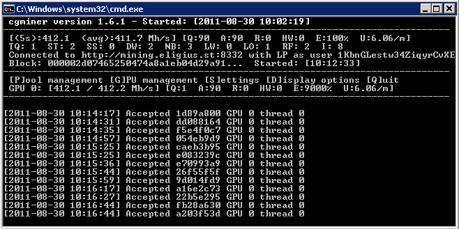 Программа CGMiner во время работы 