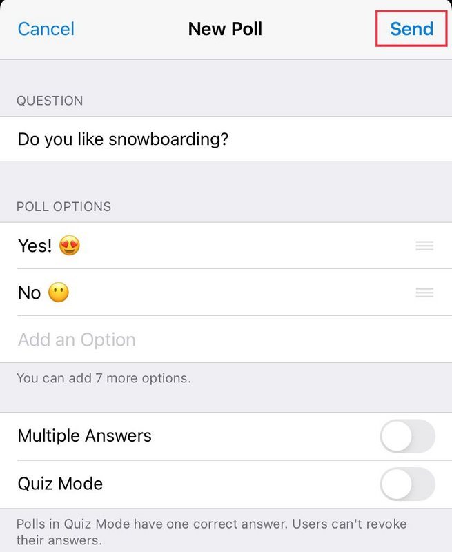 "Create" button in Telegram polls on the iOS platform