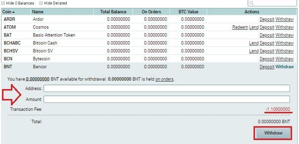 Окно снятия средств с биржевого кошелька Poloniex