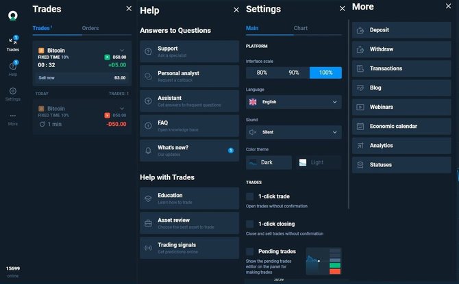 Contents of the “More” Menu on the Olymp Trade Sidebar
