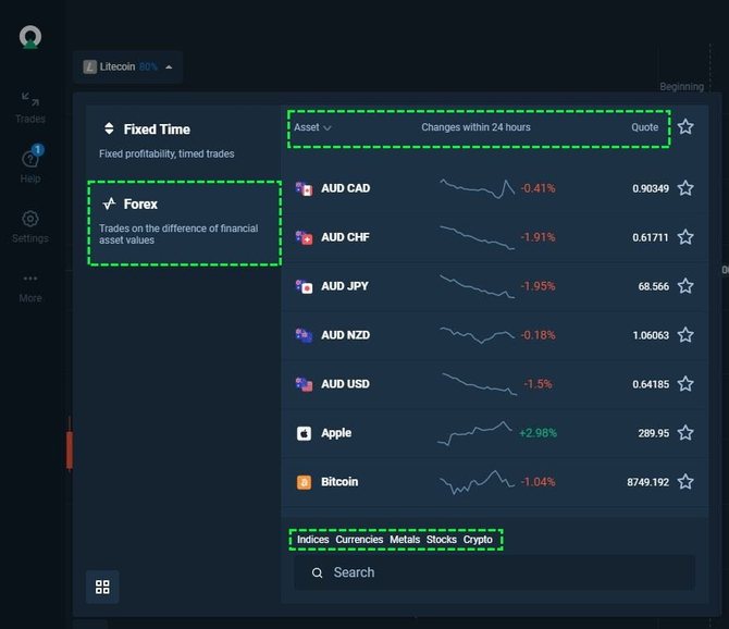 Choosing an asset to trade in Forex mode