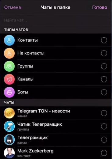 Типы чатов в папке