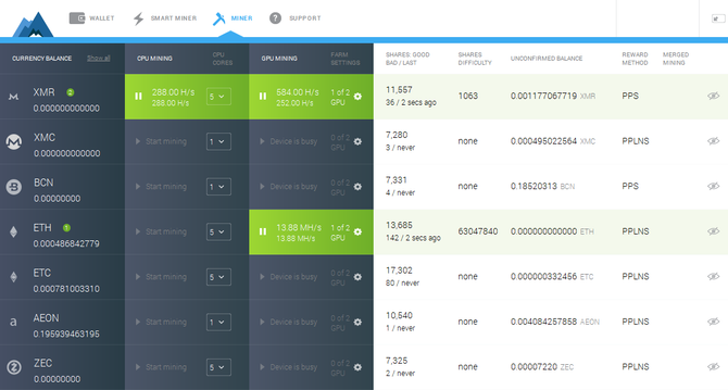 Интерфейс софта для майнинга MinerGate