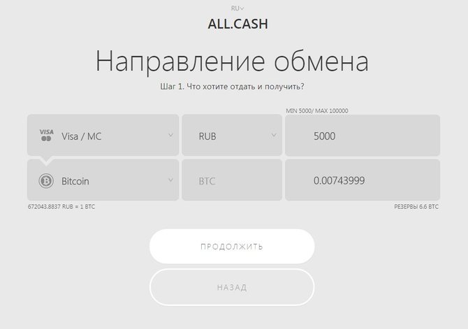 Главная страница обменника All.cash // Источник: https://all.cash