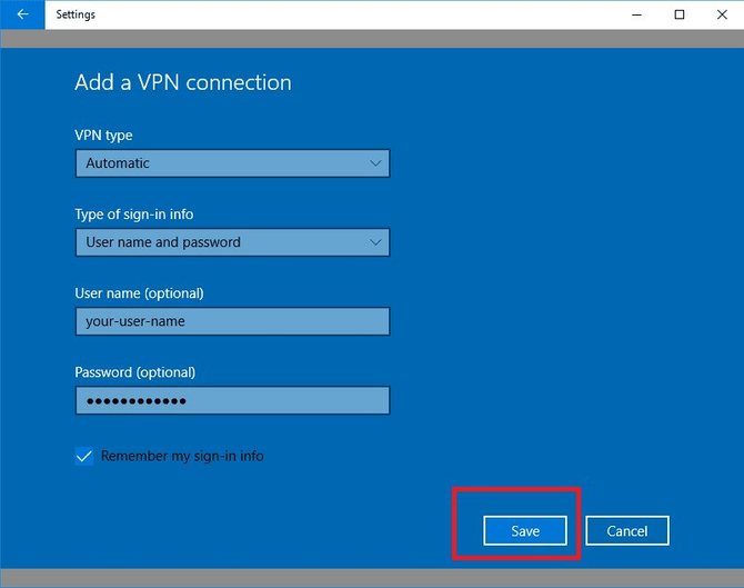 Сохранение настроек VPN в Windows 10