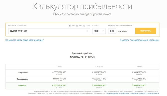 Подсчет заработка после выбора оборудования // Источник: nicehash.com