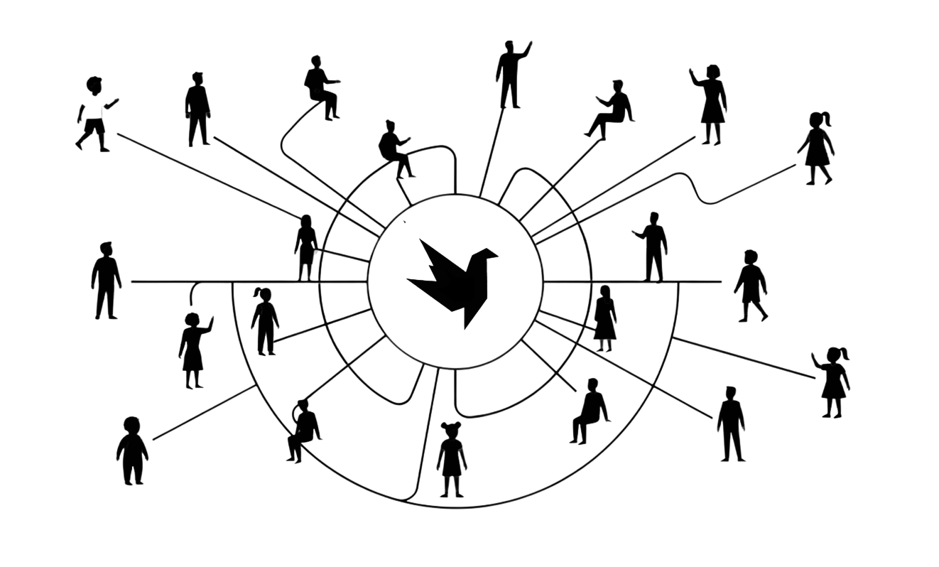 Kids spreading around a Tella bird logo on connection lines