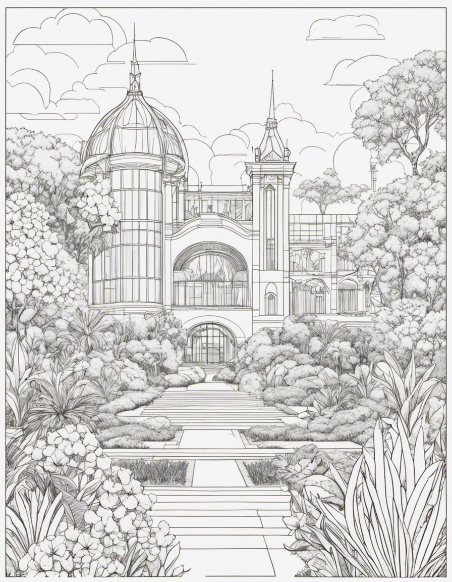 Adrianne batman style illustration of botanical garden coloring page