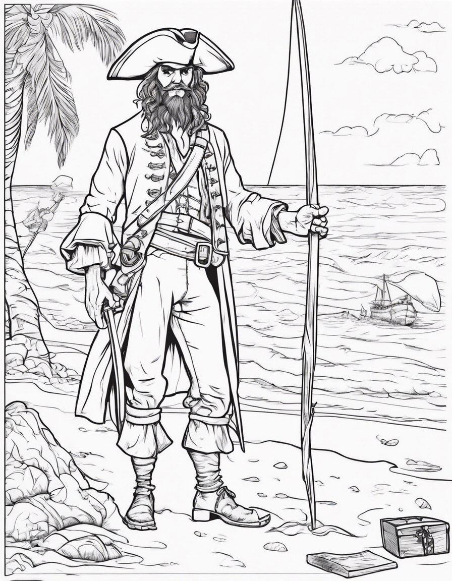 Pirate on beach looking for treasure coloring page