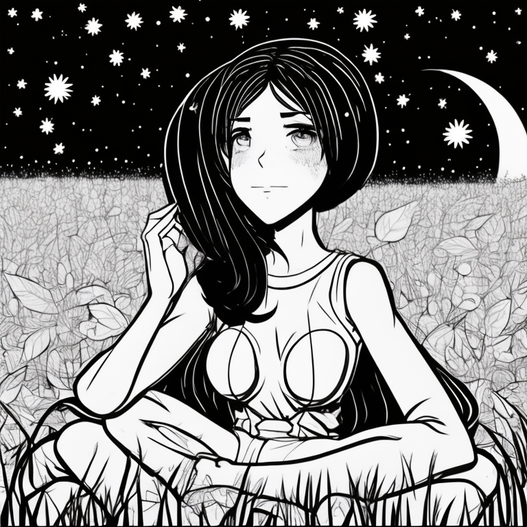 a beautiful girl with dark hair lying on a field of grass looking at the starry sky being illuminated by the beautiful moon, style anime. coloring page